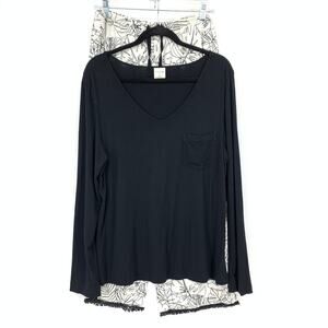 Soma 2 Piece Pajama Set Long Sleeve Top/Pant Womens Sz L Black White Palm Print